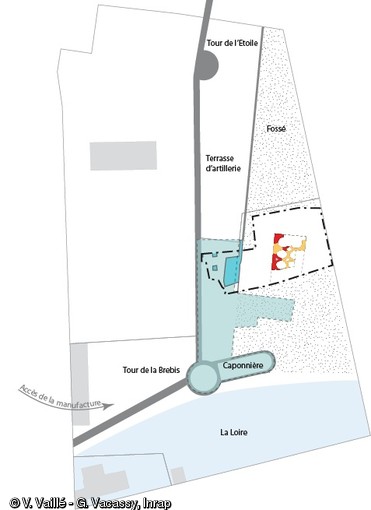 Plan de l’îlot et de la fouille de la Motte Sanguin à Orléans (Loiret), 2011.   Photo publiée dans le numéro 34 de la revue de l'Inrap Archéopages. 