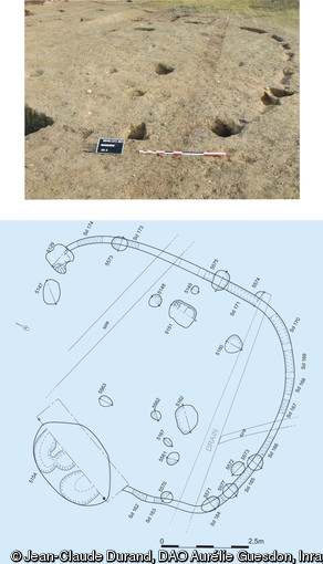 Photo et plan d'un bâtiment ovale construit sur tranchée, milieu du IIe s. avant notre ère, Brielles (Ille-et-Vilaine), 2012.