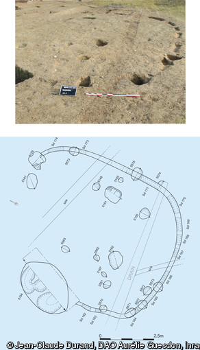 Photo et plan d'un bâtiment ovale construit sur tranchée, milieu du IIe s. avant notre ère, Brielles (Ille-et-Vilaine), 2012.