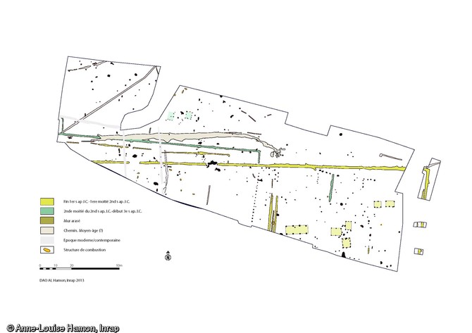 Plan général du site du Petit Bénazé à Domloup (Ille-et-Vilaine), Ier-IIIe s. de notre ère, 2012.Le site fouillé couvre une surface de 16 000 m2.