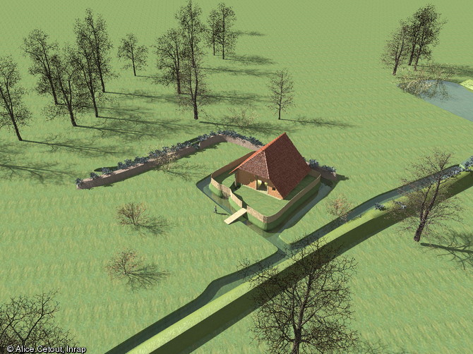 Proposition de reconstitution du manoir médiéval à partir des vestiges observés, XIIIe-XIVe s., Juigné-sur-Sarthe (Sarthe), 2012.Un fossé entourait entièrement l'enclos. Il mesurait jusqu’à 2,50 m de largeur pour un peu moins d’1 m de profondeur. Aménagé pour drainer une zone humide, ce fossé souvent rempli d’eau participait à la mise en scène générale du site.