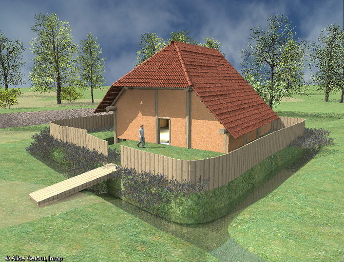 Proposition de reconstitution du manoir médiéval à partir des vestiges observés, XIIIe-XIVe s., Juigné-sur-Sarthe (Sarthe), 2012. L'édifice était couvert de tuiles. Devant l'entrée, une passerelle devait permettre le franchissement du fossé.