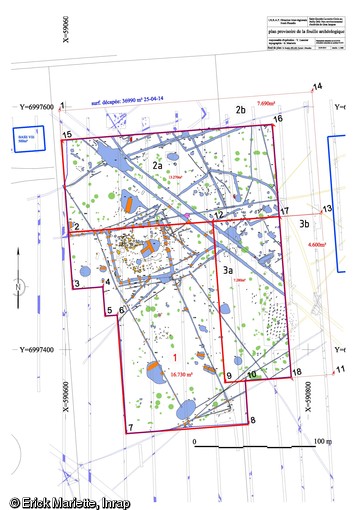 Plan général de la fouille menée à Saint-Quentin-la-Motte (Somme), 2014.L'opération, menée sur 3,7 ha, a révélé une occupation dense s'étalant entre le milieu du Ier s. avant notre ère jusqu'au début du IIIe s. de notre ère. 