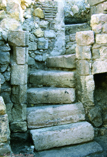 Départ d'un escalier en pierre de taille permettant l'accès à une cave d'époque moderne, Place Villeneuve-Bargemon, Marseille.  Photo publiée dans l'ouvrage Quand les archéologues redécouvrent Marseille, M. Bouiron, P. Mellinand.
