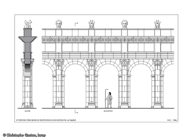 Hypothèse provisoire de restitution d'une section de la façade monumentale du sanctuaire du IIe s. de notre ère mis au jour à Pont-Sainte-Maxence (Oise), 2014.