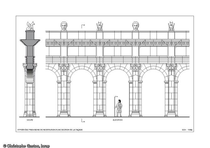 Hypothèse provisoire de restitution d'une section de la façade monumentale du sanctuaire du IIe s. de notre ère mis au jour à Pont-Sainte-Maxence (Oise), 2014.