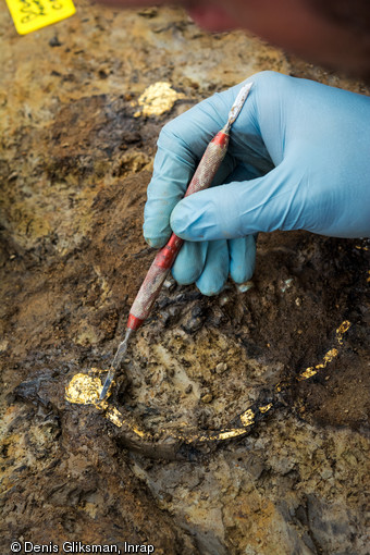 Dégagement d'un collier en feuille d'or provenant d'une sépulture datée du IIe s. avant notre ère ayant appartenu à un aristocrate gaulois inhumé avec sa tombe à char, découverts à Warcq (Ardennes) en 2014 .