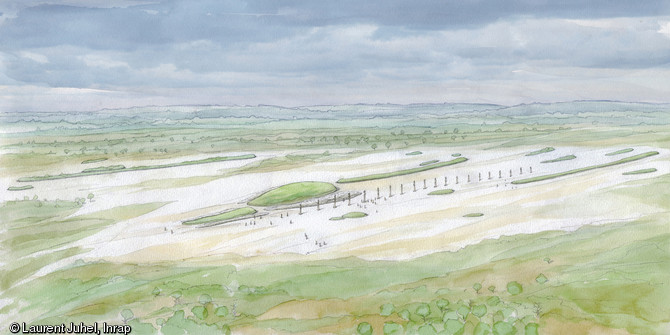 Vue d'artiste illustrant une interprétation possible de la nécropole du Néolithique moyen à Fleury-sur-Orne (Calvados), 2014.  Les monuments se distinguent par des tertres allongés qui recouvrent une unique sépulture pour chaque monument. La construction de ces buttes de terre pour une part en mottes de gazon prélevées autour, a probablement laissé le calcaire à nu sur tout le secteur. L'alignement des trous de poteaux monumentaux a été interprété comme servant de supports à de grands poteaux en bois ou  totems . 