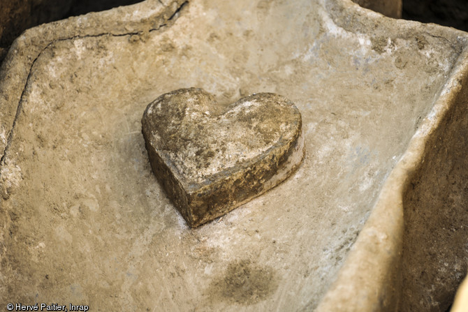 Détail d'un caveau du XVIIIe siècle,après dégagement du cercueil en plomb,  découvert dans le choeur de l'ancienne église Saint-Germain  à Flers (Orne), 2014.