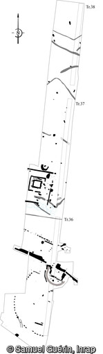 Plan du fanum et du théâtre, Ier s. av. notre ère/Ier s. de notre ère, mis au jour à Estrées-Saint-Denis (Oise), 2014.