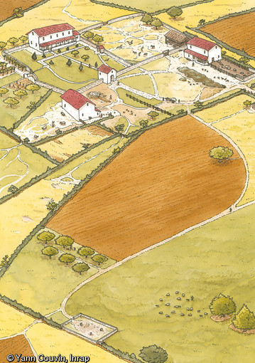 Vue aérienne de la villa depuis le sud-ouest. Proposition de restitution de la villa de Beaudisson aux IIe-IIIe s. de notre ère, à Mer (Loir-et-Cher), 2011. 
