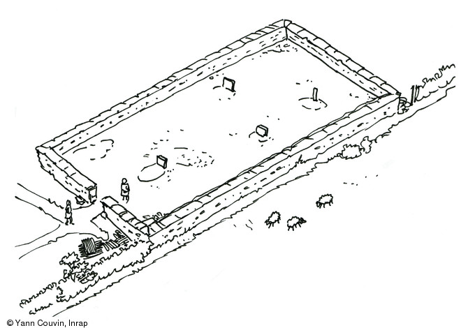 Vue de l'enclos funéraire. Proposition de restitution aux IIe-IIIe s. de notre ère, de la villa de Beaudisson, à Mer (Loir-et-Cher), 2011.
